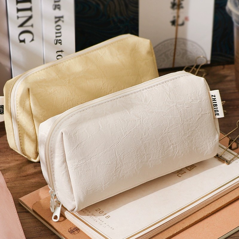 Aesthetic Large Pencil Case Pouch - Kawaii crèmekleurige leren etui, waterdicht, grote